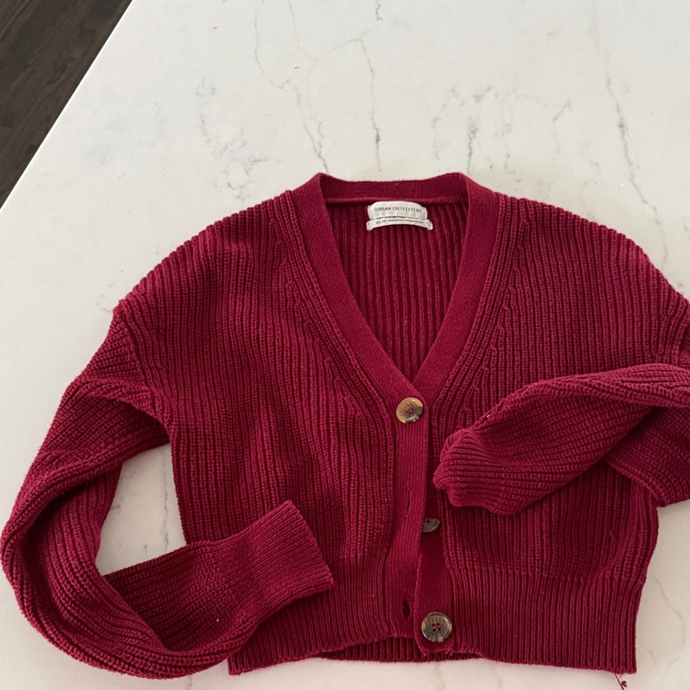 Urban Outfitters Cranberry Red Ribbed Button Cardigan